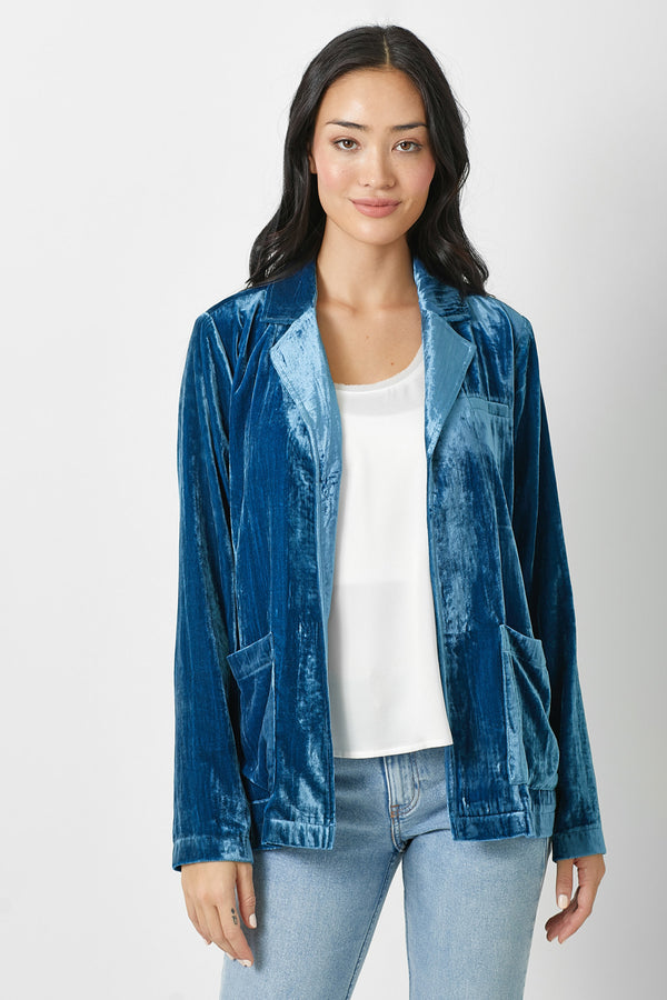Velvet Oversized Open Jacket Blue
