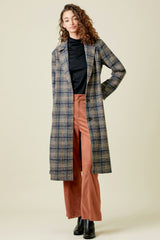 Buttoned Plaid Long Coat Charcoal Mix