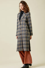 Buttoned Plaid Long Coat Charcoal Mix