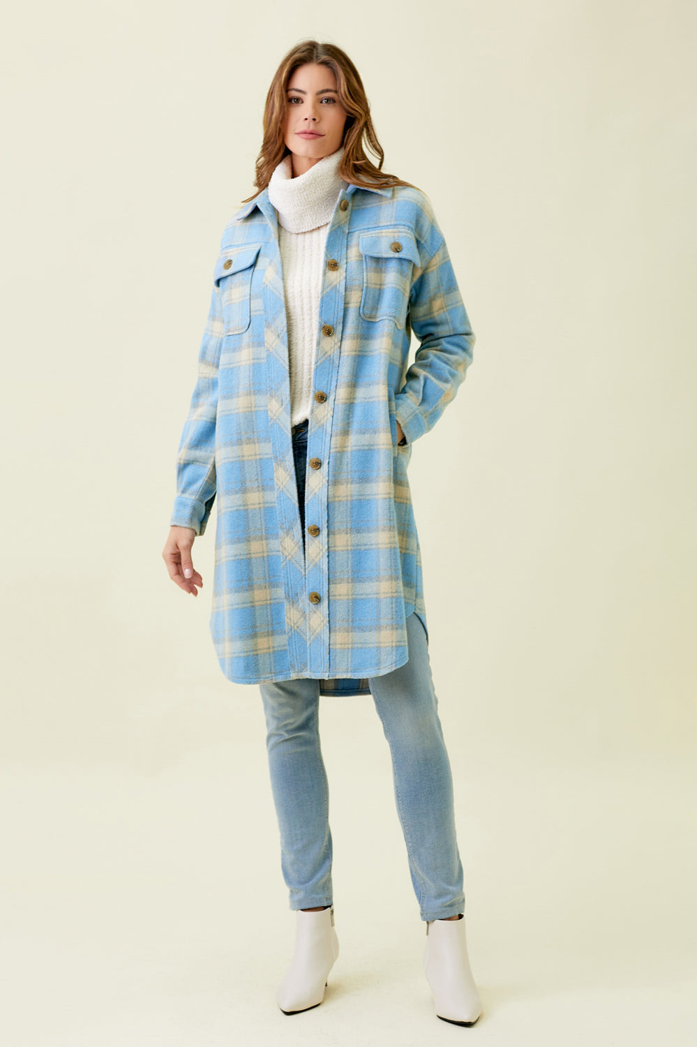 Chest Pocket Long Plaid Jacket Soft Blue