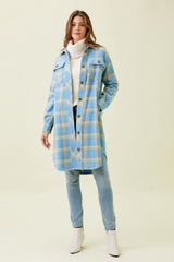 Chest Pocket Long Plaid Jacket Soft Blue