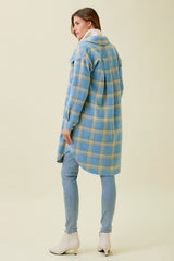 Chest Pocket Long Plaid Jacket Soft Blue