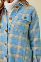 Chest Pocket Long Plaid Jacket Soft Blue