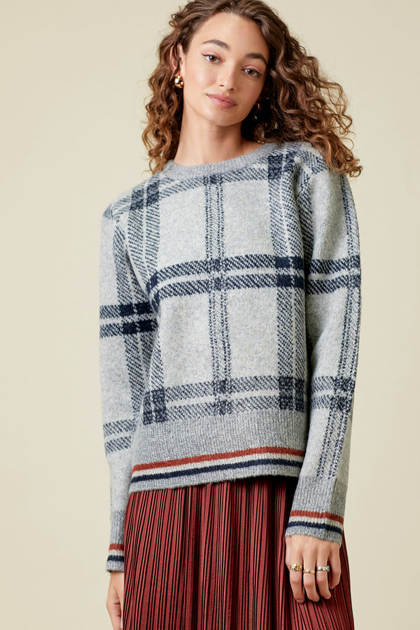 Checker Plaid Stripe Hem Sweater Grey