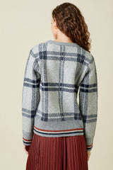 Checker Plaid Stripe Hem Sweater Grey