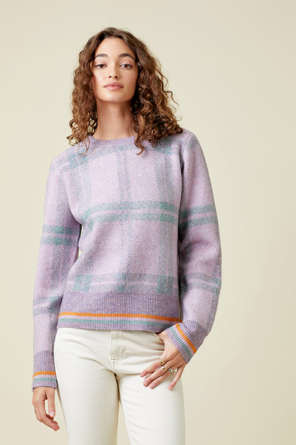 Checker Plaid Stripe Hem Sweater Lavender