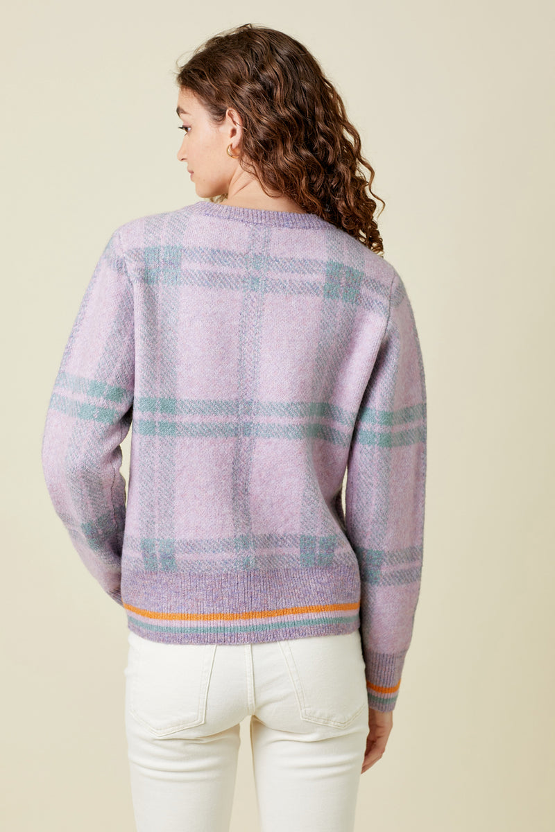 Checker Plaid Stripe Hem Sweater Lavender