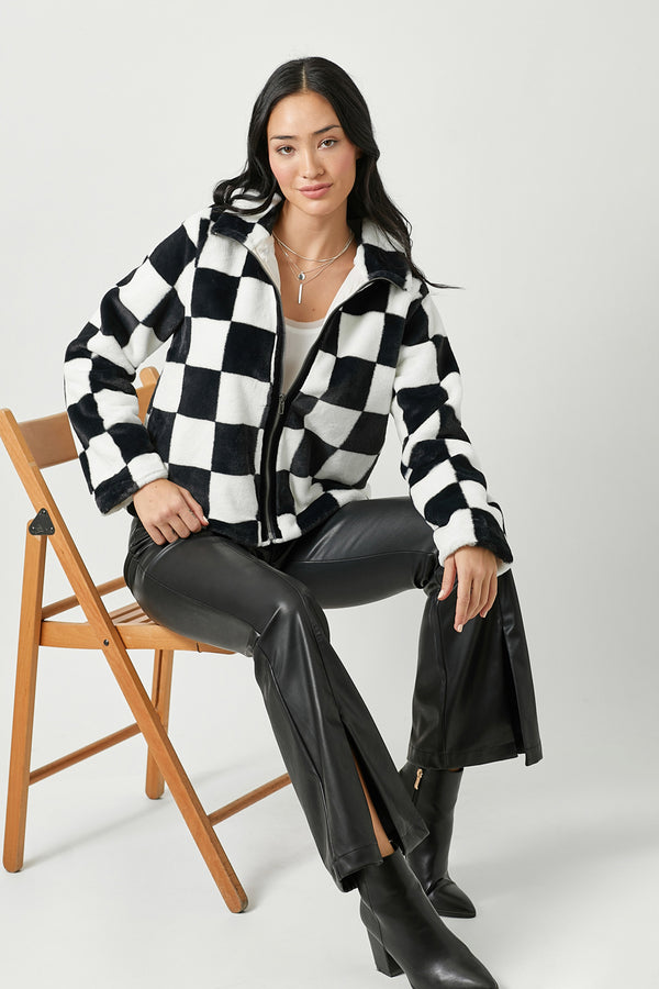 Checker Board Pattern Fur Zip Jacket Black