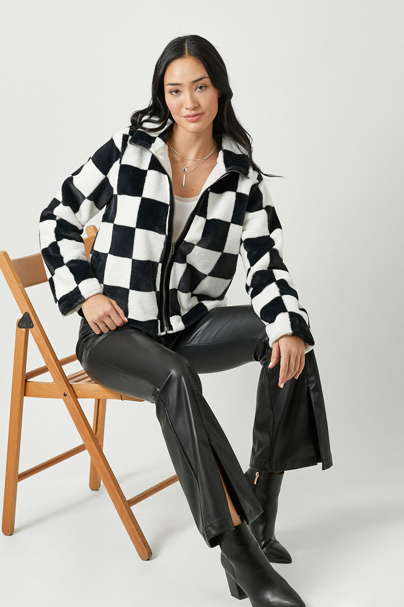 Checker Board Pattern Fur Zip Jacket Black