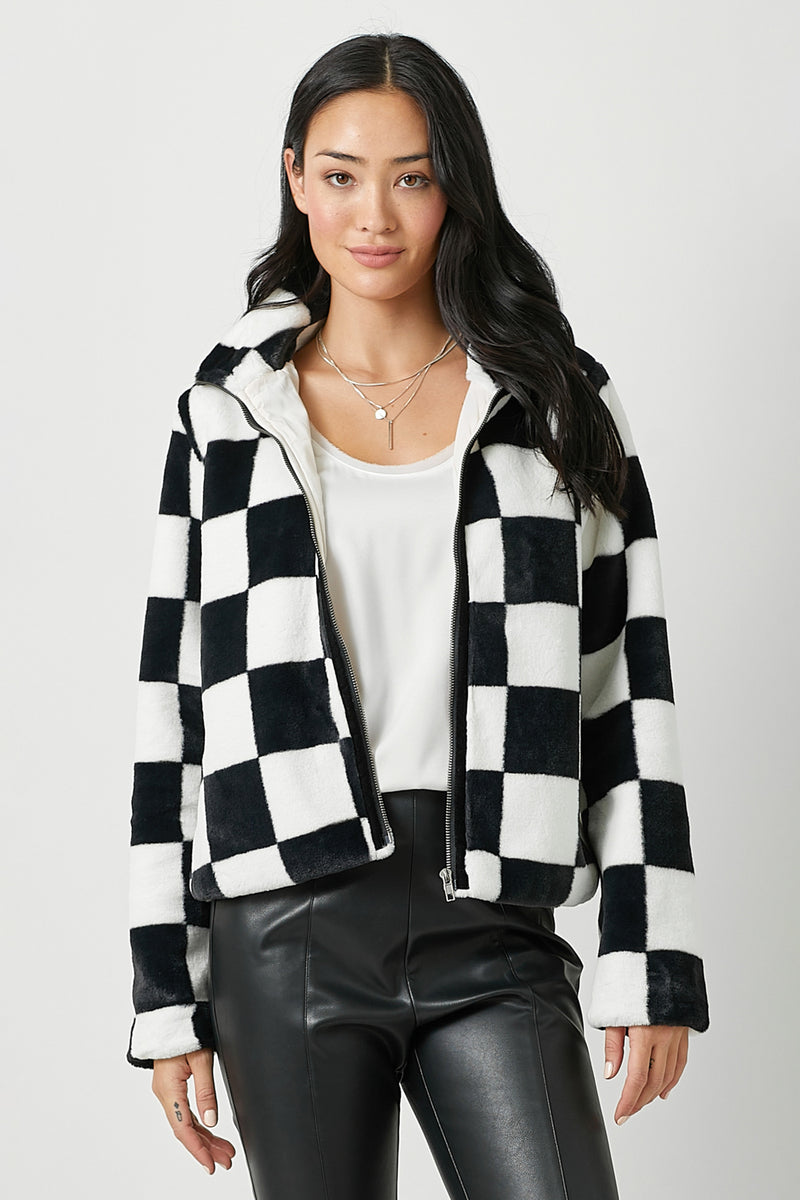 Checker Board Pattern Fur Zip Jacket Black