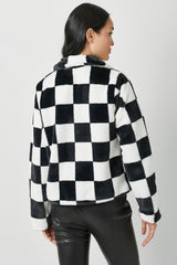 Checker Board Pattern Fur Zip Jacket Black