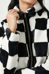 Checker Board Pattern Fur Zip Jacket Black