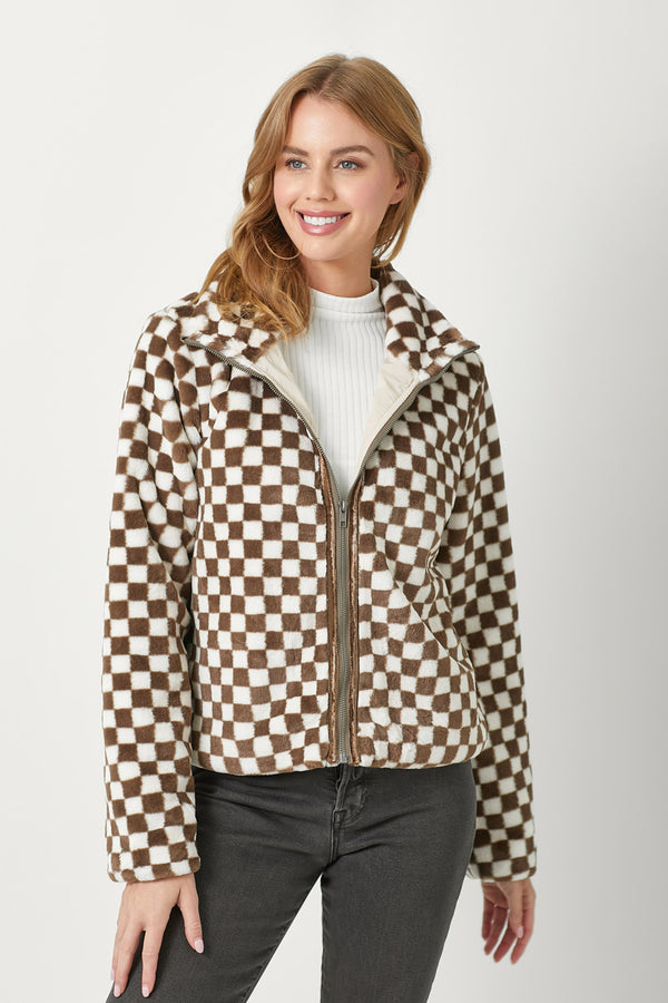 Checker Board Pattern Fur Zip Jacket Mocha