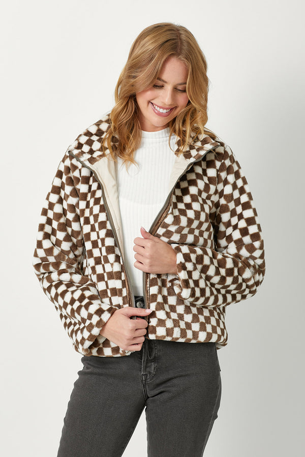 Checker Board Pattern Fur Zip Jacket Mocha