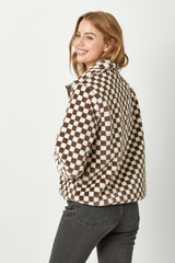 Checker Board Pattern Fur Zip Jacket Mocha