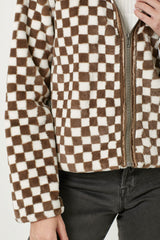 Checker Board Pattern Fur Zip Jacket Mocha