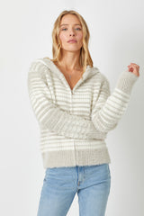 Striped Texture Zip Up Sweater Jacket Ivory Mix
