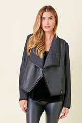 Quilted Drape Moto Jacket Black