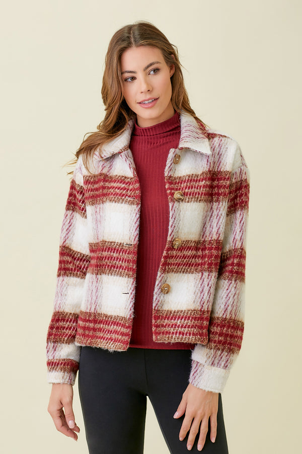 Fuzzy Plaid Printed Button Jacket Burgundy Mix