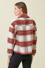 Fuzzy Plaid Printed Button Jacket Burgundy Mix