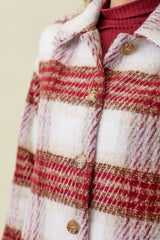 Fuzzy Plaid Printed Button Jacket Burgundy Mix