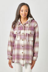 Uneven Raw Hem Hooded Plaid Shacket Purple Mix
