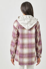 Uneven Raw Hem Hooded Plaid Shacket Purple Mix