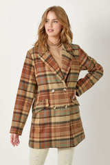 Double Breasted Plaid Long Jacket Maple Mix
