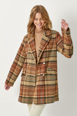 Double Breasted Plaid Long Jacket Maple Mix