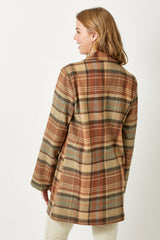 Double Breasted Plaid Long Jacket Maple Mix