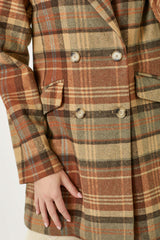 Double Breasted Plaid Long Jacket Maple Mix