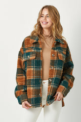Sherpa Plaid Print Jacket Camel Mix
