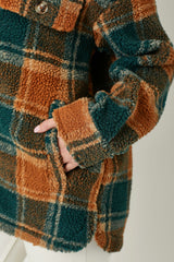 Sherpa Plaid Print Jacket Camel Mix