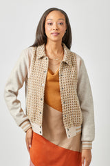 Mix Media Color Block Bomber Jacket Latte