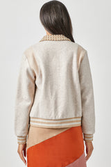 Mix Media Color Block Bomber Jacket Latte