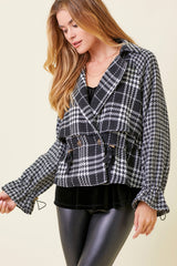 Houndstooth Sleeve Plaid Crossover Jacket Black