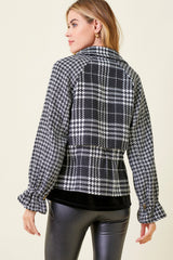 Houndstooth Sleeve Plaid Crossover Jacket Black