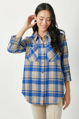 Rolled Tab Sleeve Plaid Shacket Blue