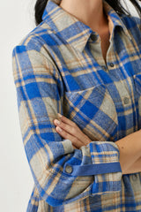 Rolled Tab Sleeve Plaid Shacket Blue
