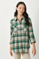 Rolled Tab Sleeve Plaid Shacket Green