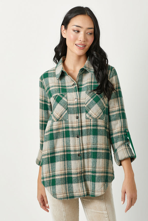 Rolled Tab Sleeve Plaid Shacket Green