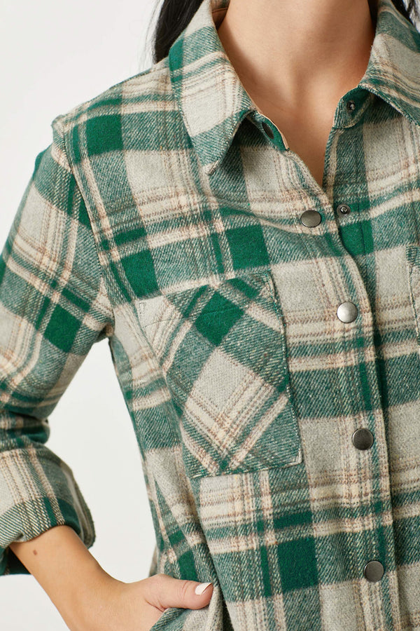 Rolled Tab Sleeve Plaid Shacket Green