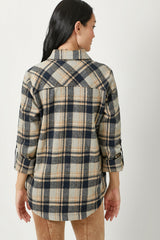 Rolled Tab Sleeve Plaid Shacket Navy