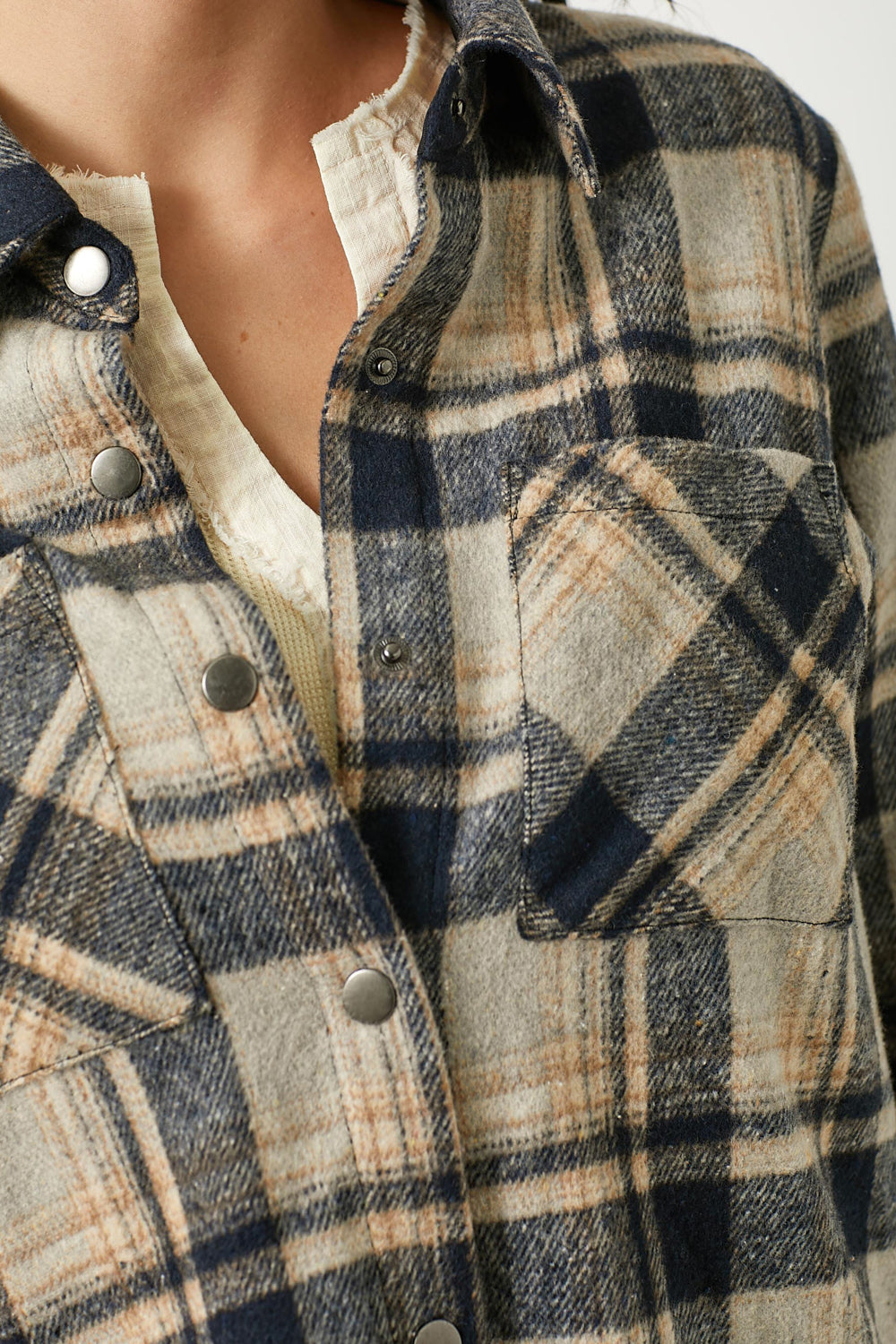Rolled Tab Sleeve Plaid Shacket Navy