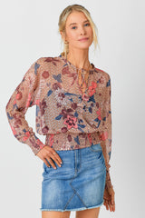 Smocked Bottom Peasant Chiffon Blouse Latte Mix