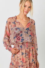 Smocked Bottom Peasant Chiffon Blouse Latte Mix