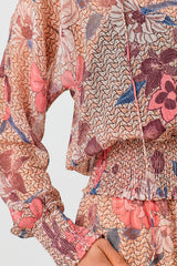 Smocked Bottom Peasant Chiffon Blouse Latte Mix
