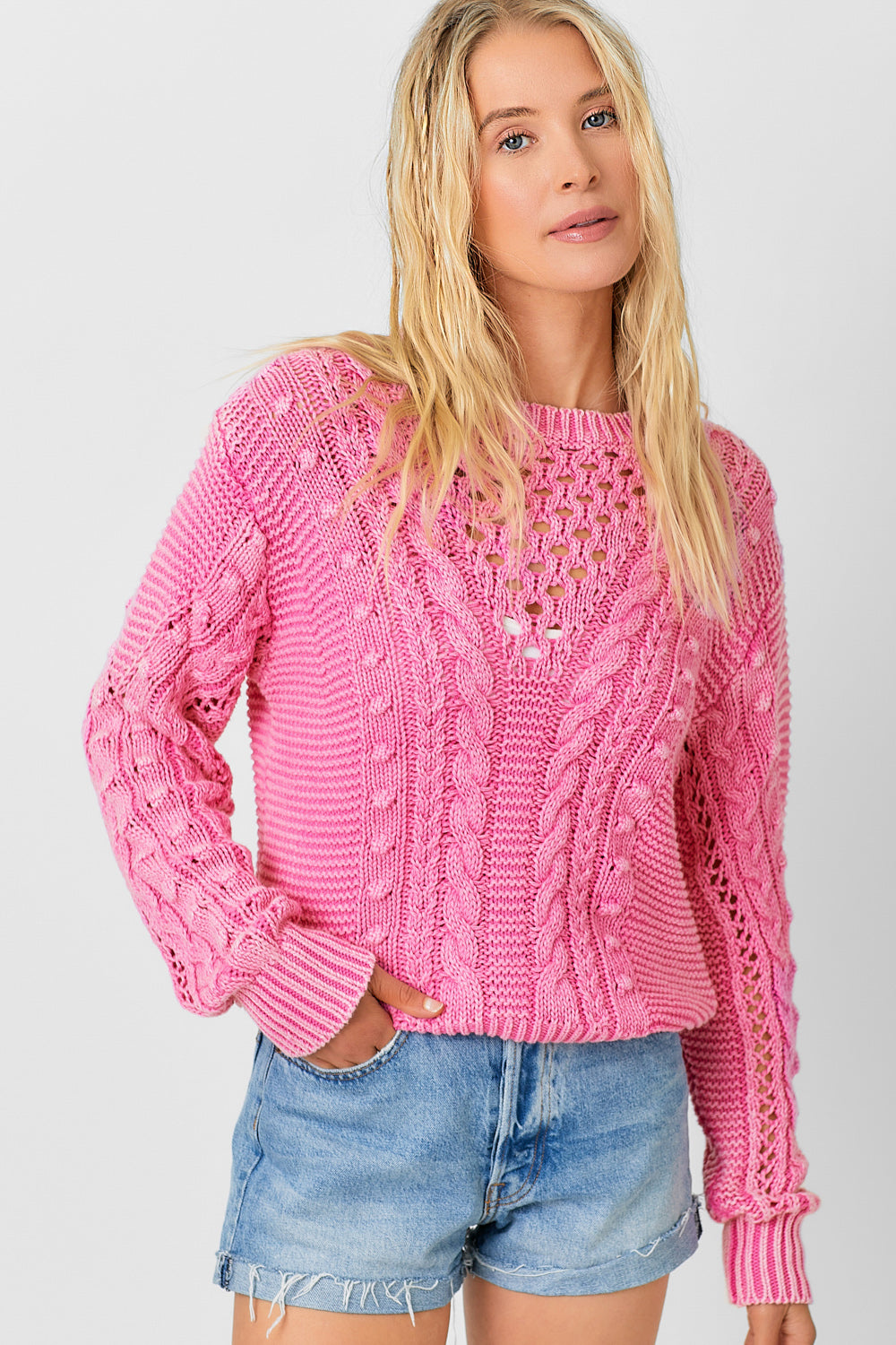 Cable Weave Washed Pullover Sweater Washed Berry