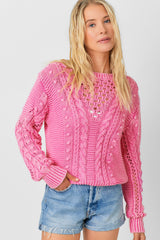 Cable Weave Washed Pullover Sweater Washed Berry