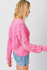Cable Weave Washed Pullover Sweater Washed Berry